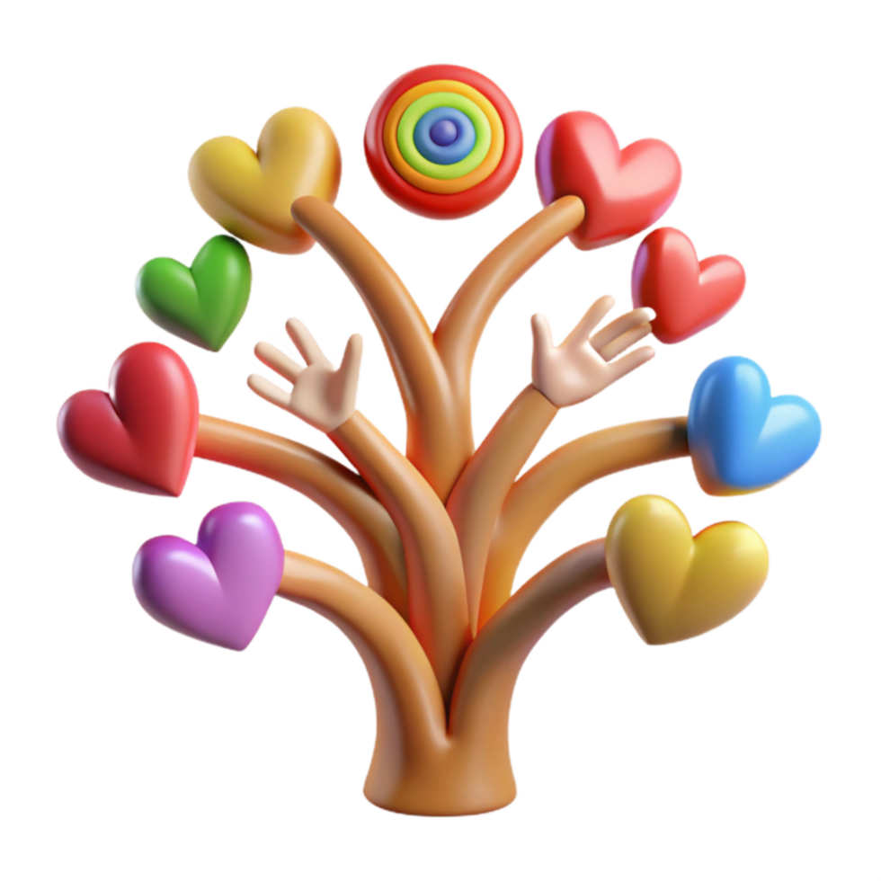 magnificent modern Colorful Heart Tree with Reaching Hands Symbol of Unity and Diversity 4K png