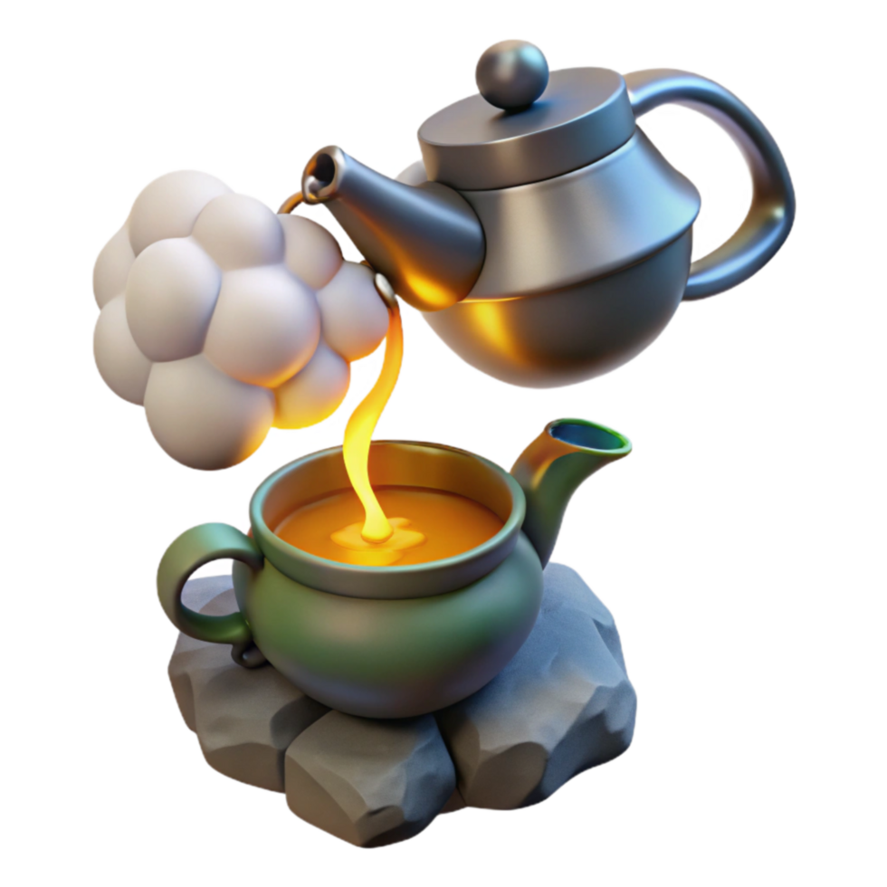 serene rustic Pouring Tea 3D Render of Teapot and Cup premium png