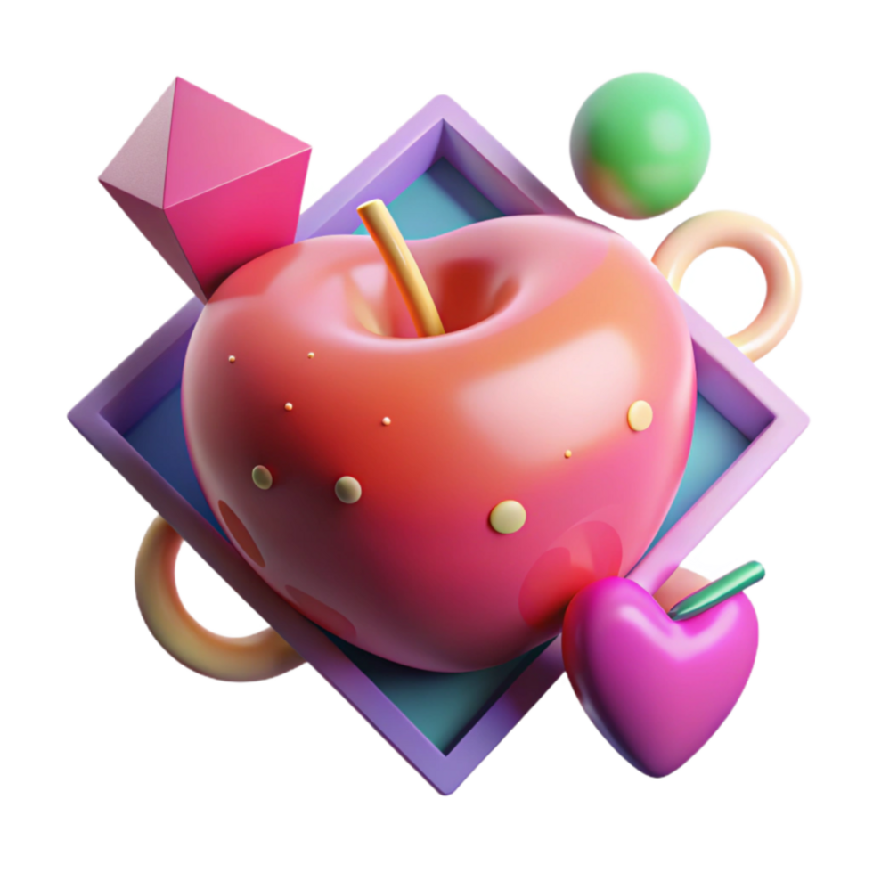 Shiny Red Apple 3D Render with Geometric Shapes png