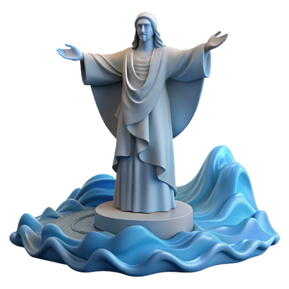 Christ Statue on Waves 3D Render of Religious Figure png
