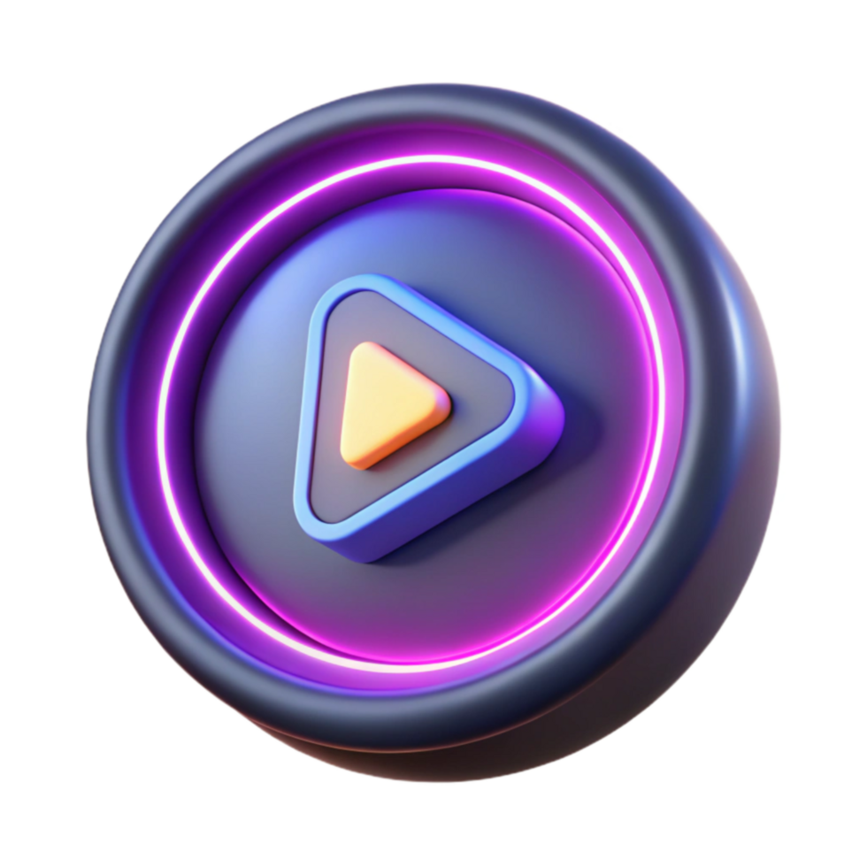 Neon Play Button 3D Render of Circular Media Icon png