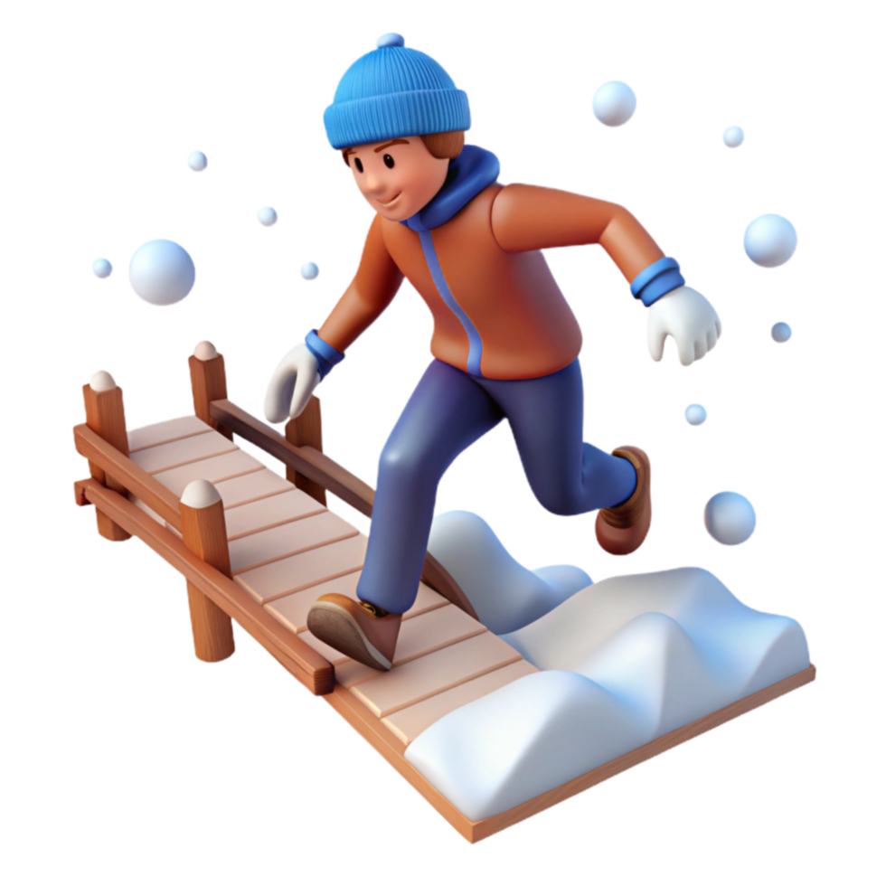 Winter Fun 3D Boy Crossing Snowy Bridge png