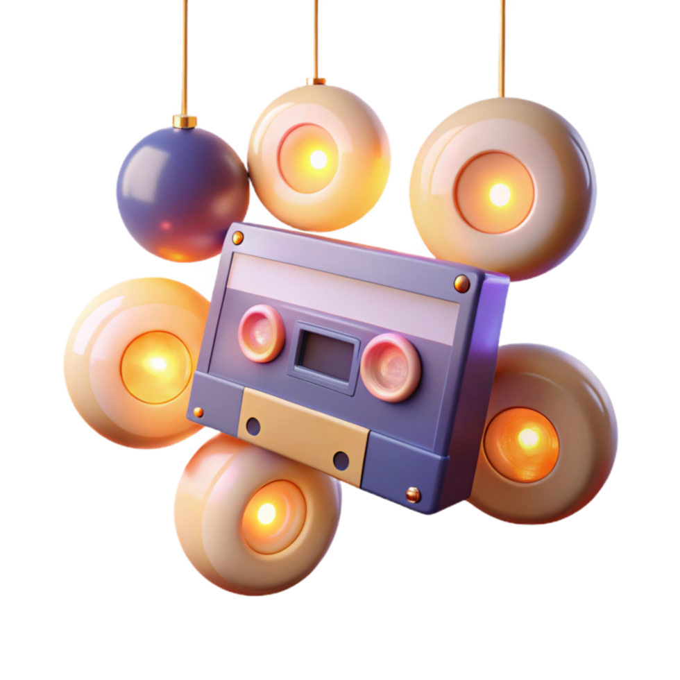vibrant minimalist Retro Cassette Tape with Illuminated Ornaments exclusive png