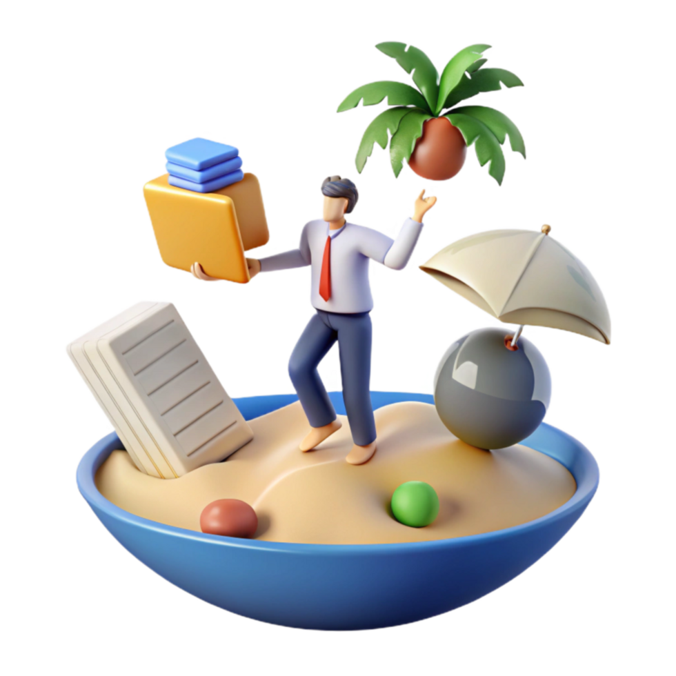 Relaxing Vacation 3D Render of Man on Island png