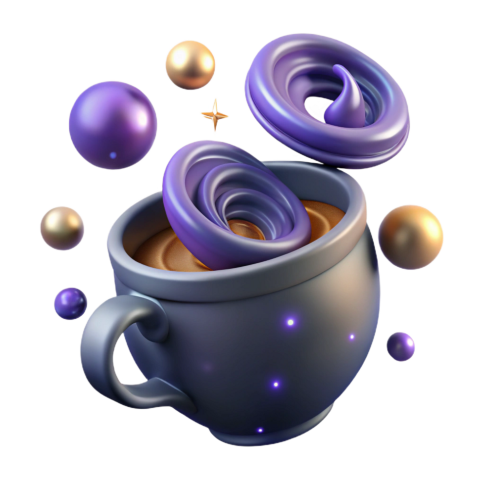 wonderful modern Whimsical 3D Render Abstract Coffee Cup with Floating Spheres premium png