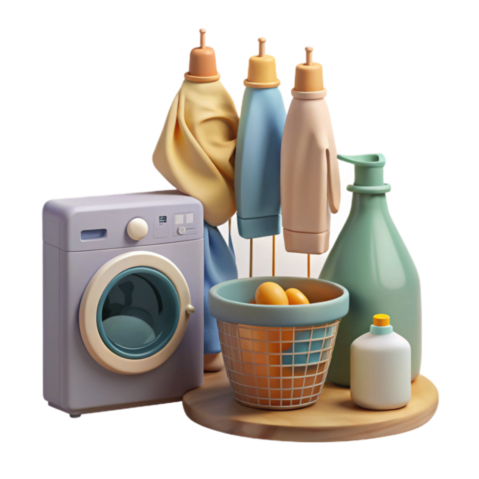 Laundry Day Essentials Cleaning Supplies, Washer, and Laundry Basket png