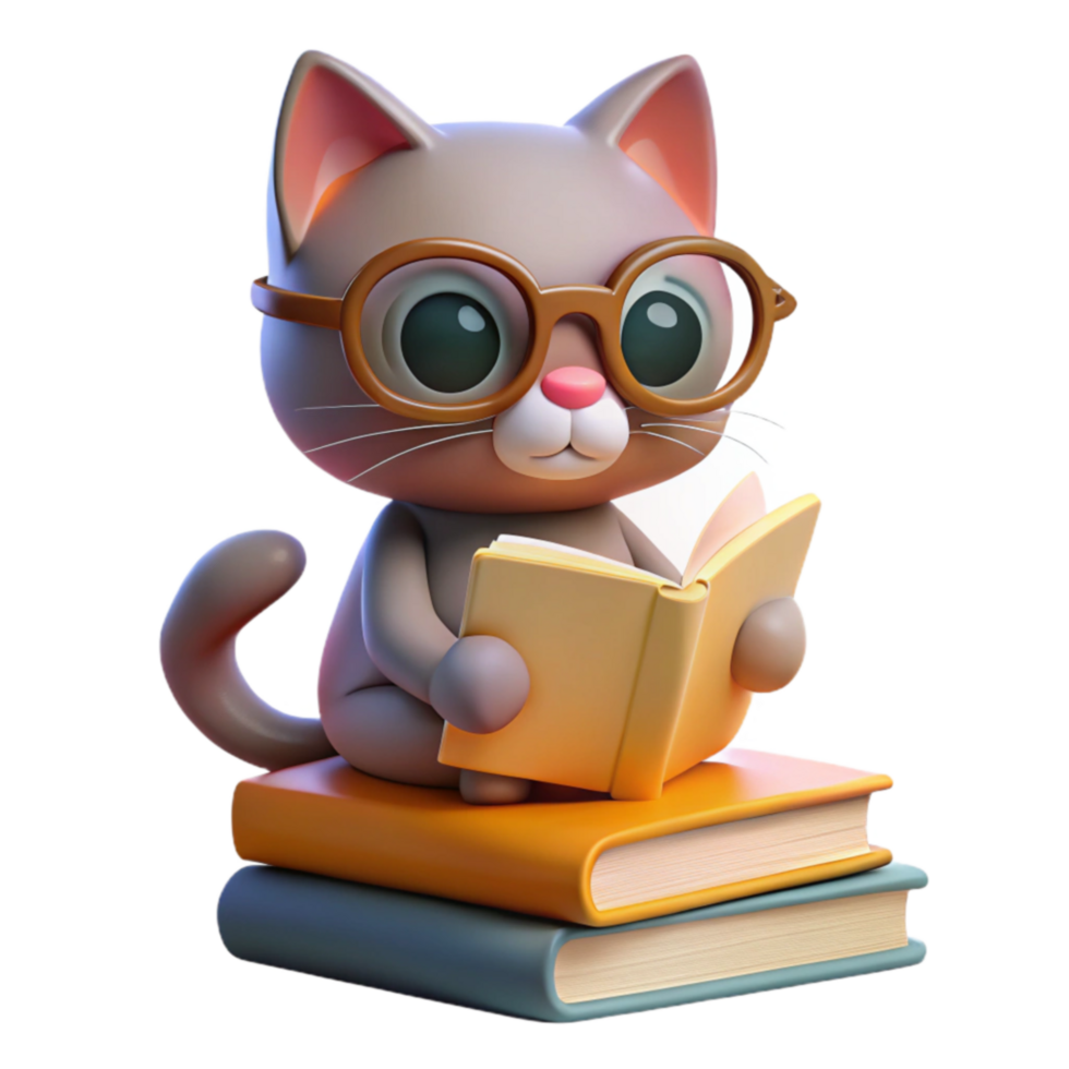 beautiful artistic Cute Cat Reading Books 3D Render high resolution png