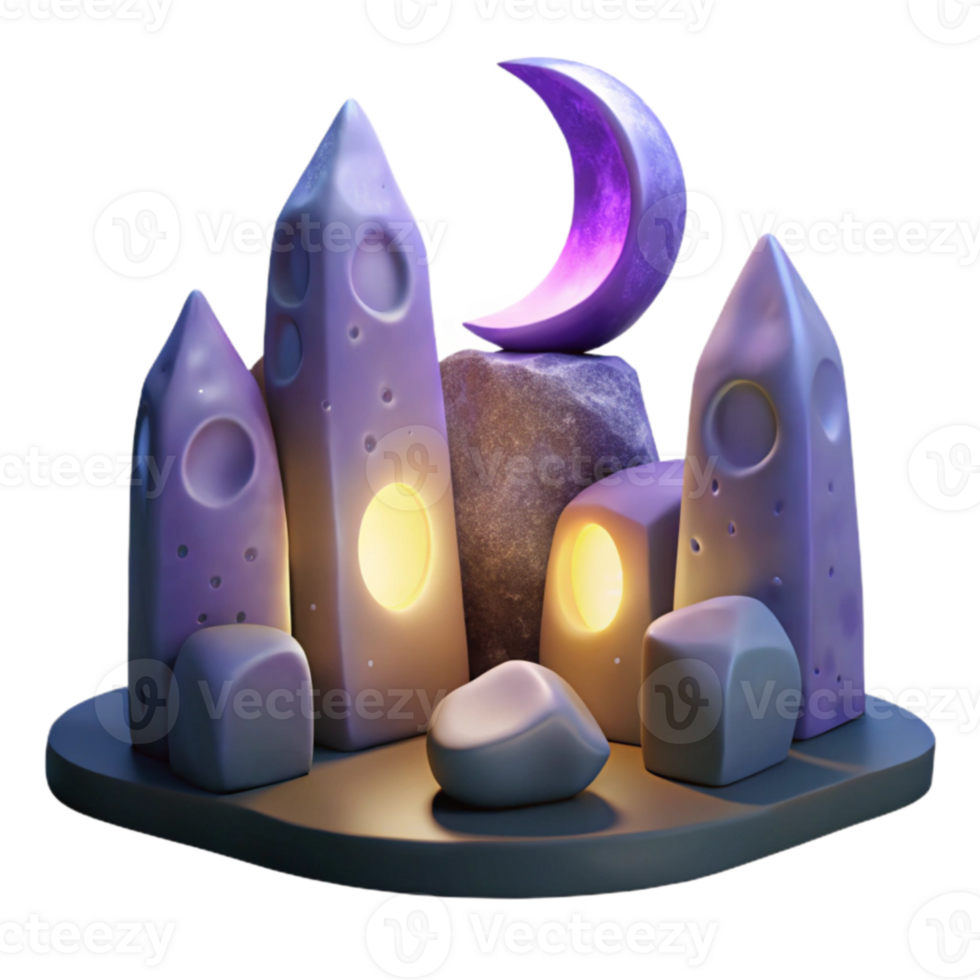Nighttime Fantasy Crystal Village 3D Render png