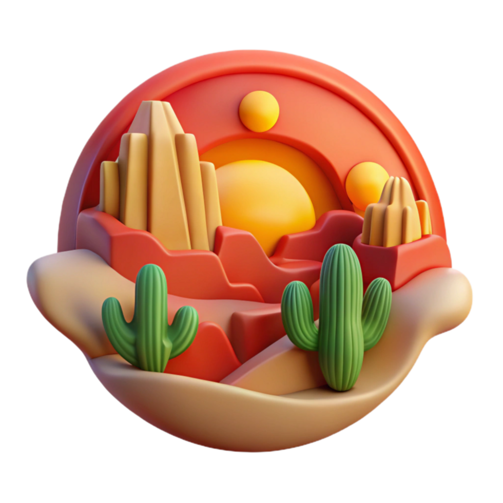 elegant artistic Sunset Desert Landscape 3D Render of Cactus and Mountains high resolution png