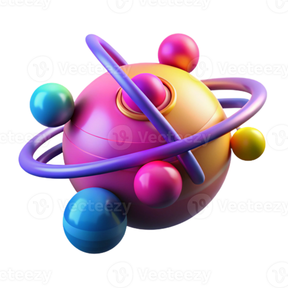 Vibrant 3D Abstract Sphere with Orbiting Colorful Spheres png