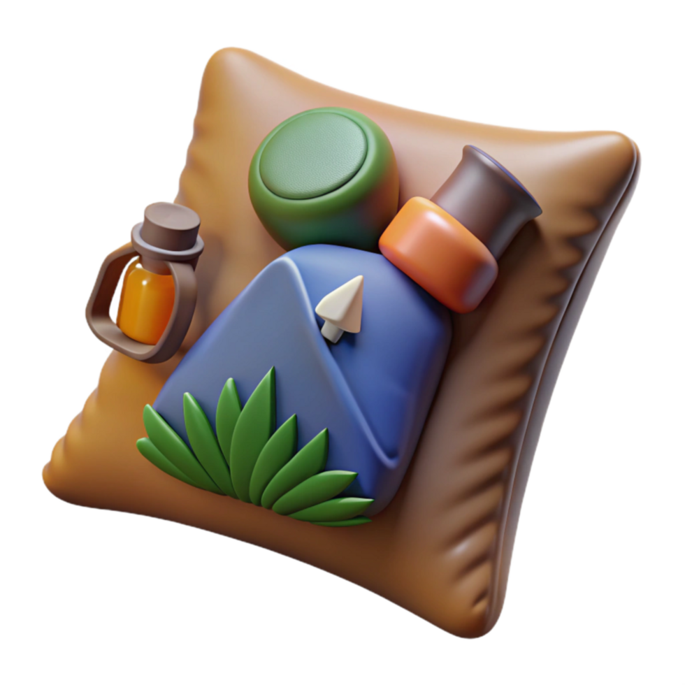 serene rustic Camping Pillow 3D Render of Outdoor Adventure Gear 4K png