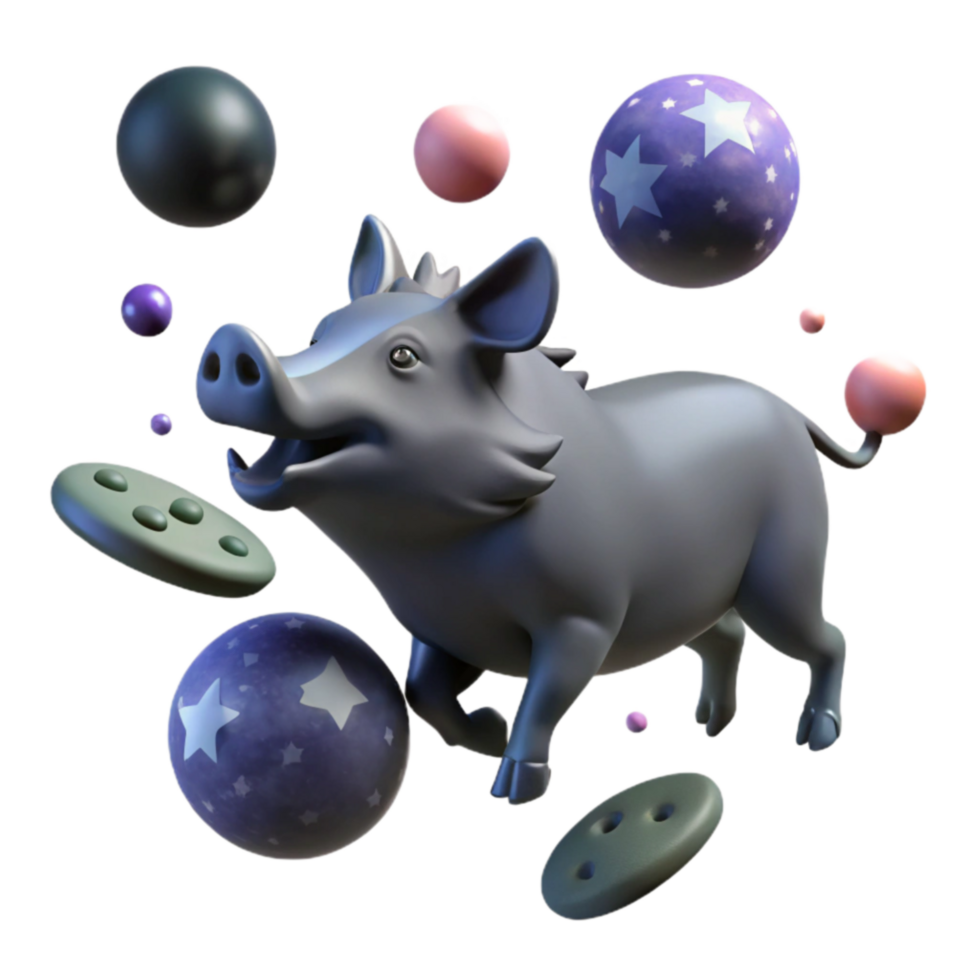 dramatic vintage Playful Boar with Colorful Spheres and Discs authentic png