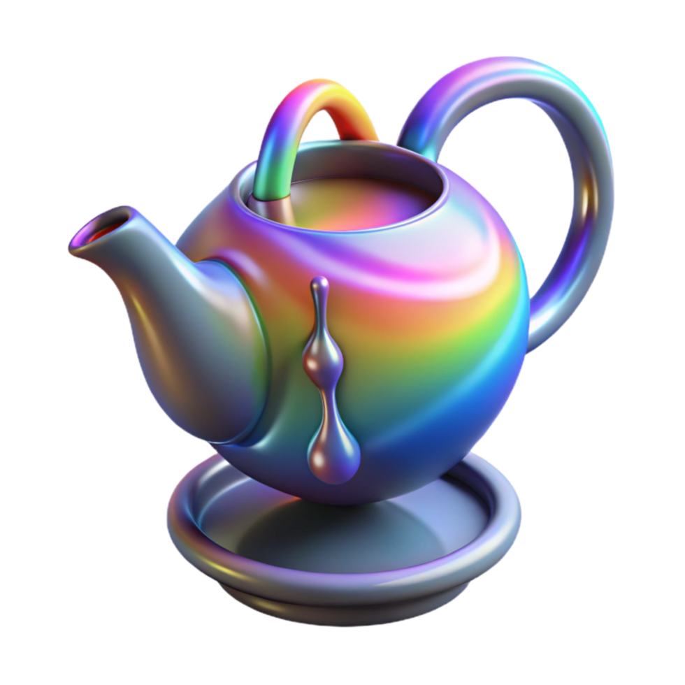serene contemporary Iridescent Teapot 3D Render of Colorful Kettle with Dripping Liquid authentic png