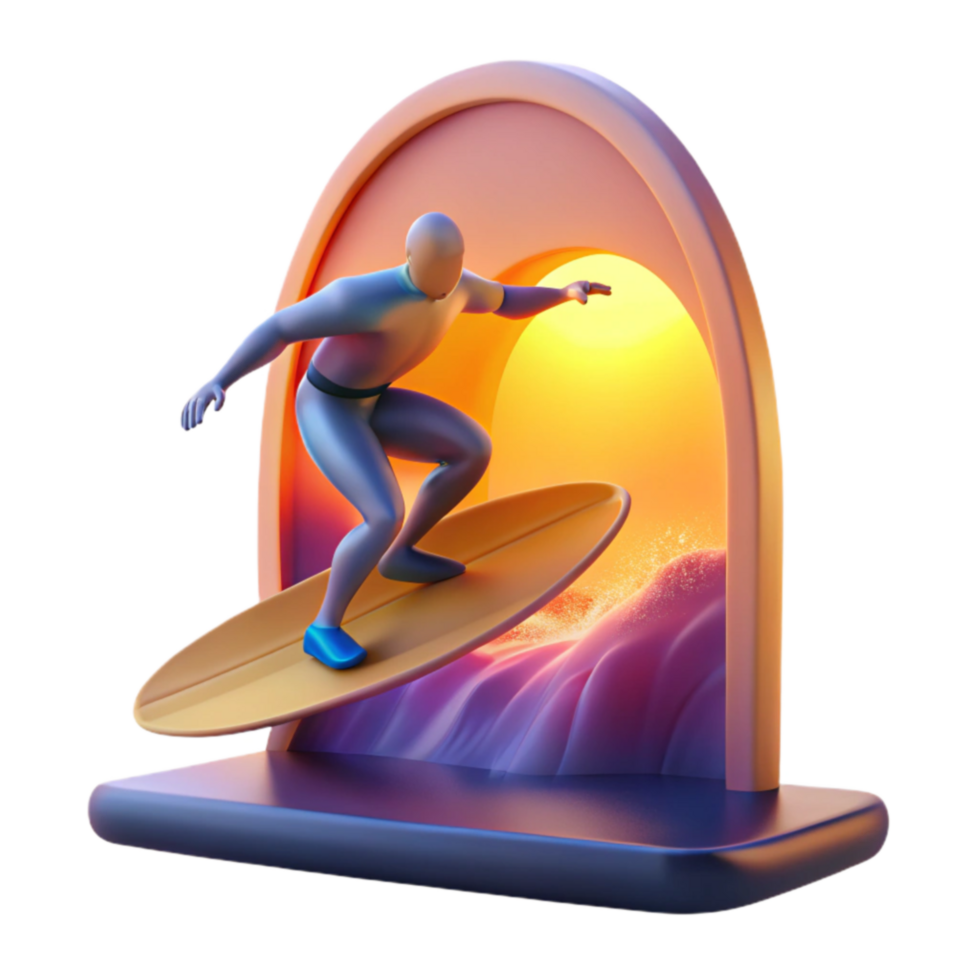 Surfer Riding Sunset Wave 3D Render png