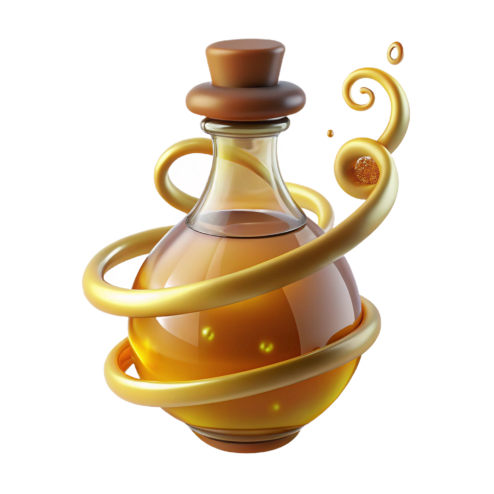 magnificent creative Golden Elixir Magical Potion in Glass Bottle authentic png