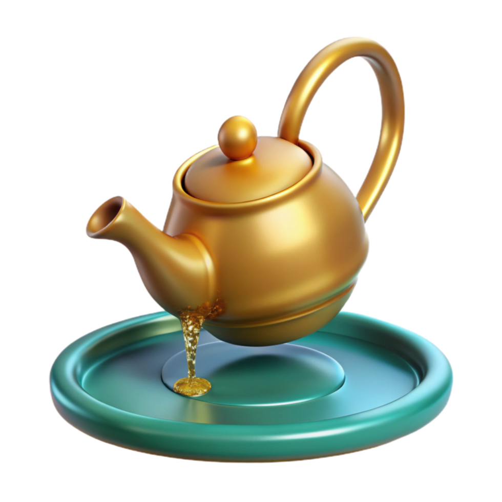 vibrant creative Golden Teapot Spilling Liquid onto Teal Tray 4K png