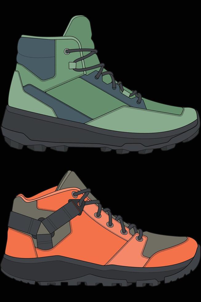 two different colored hiking shoes on a black background vector