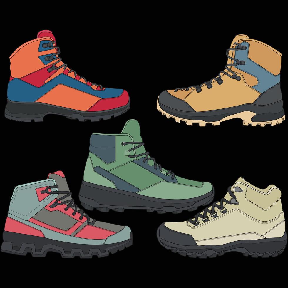Set of hiking boots illustration. Illustration set boots. Side view hiking boots isolated with black background. vector