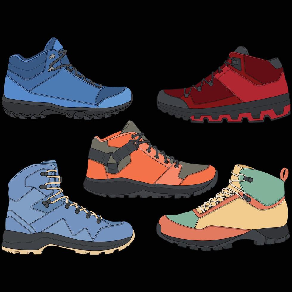 Set of hiking boots illustration. Illustration set boots. Side view hiking boots isolated with black background vector