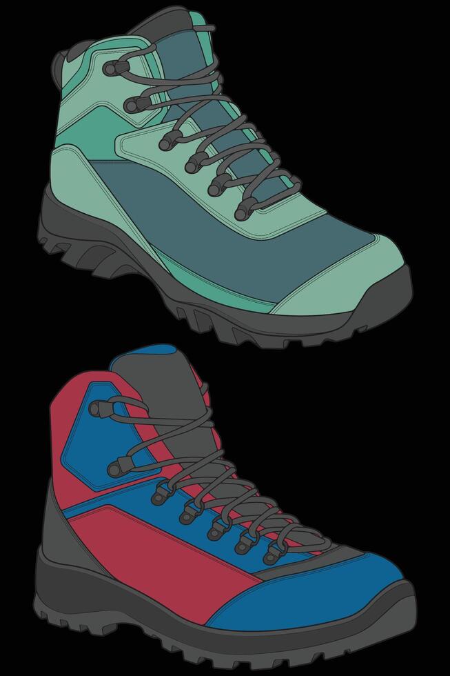 bundling set of hiking boots illustration. Illustration set boots. Side view hiking boots isolated with black background vector