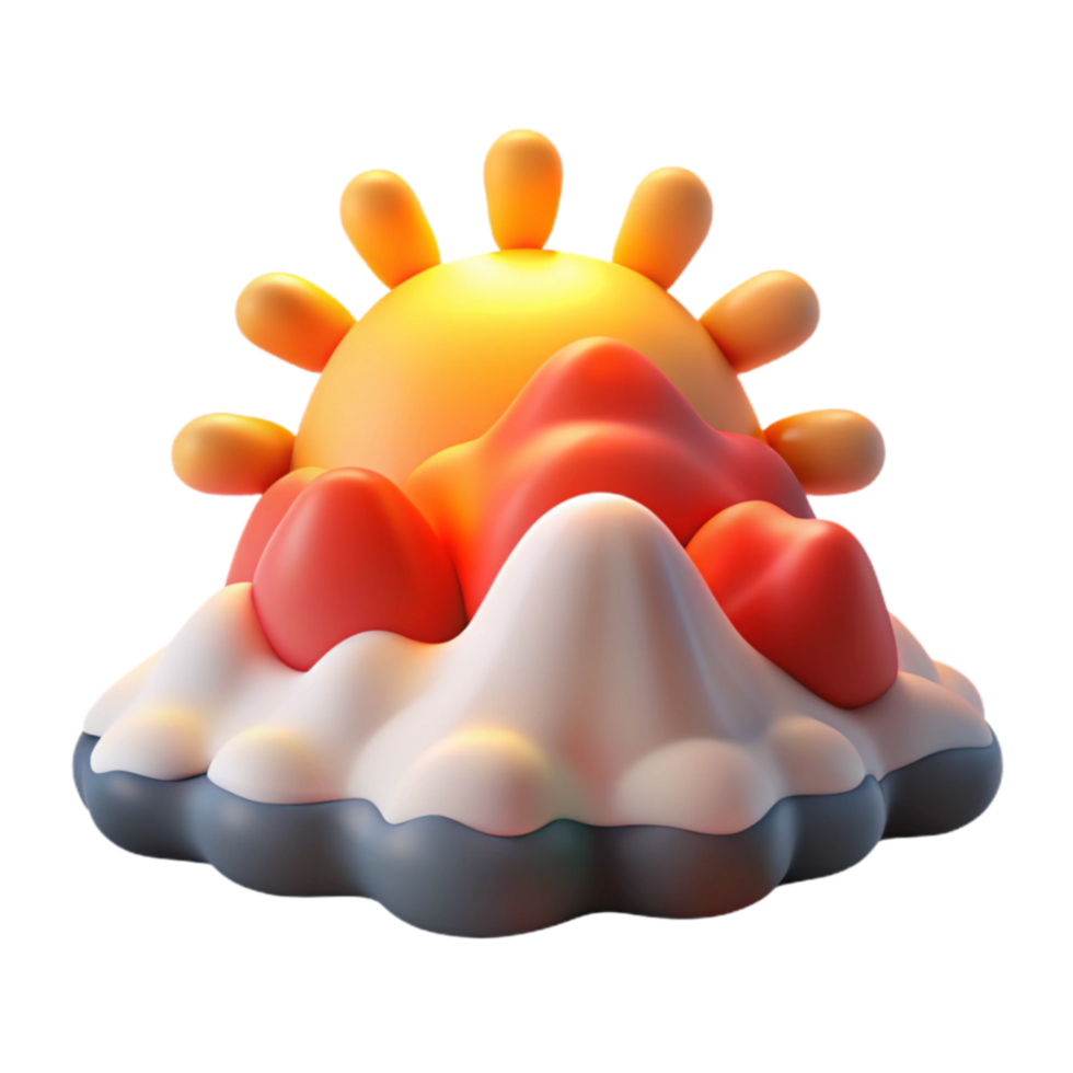 Sunrise Mountain Landscape 3D Render of a Cartoon Sun, Clouds, and Mountains png