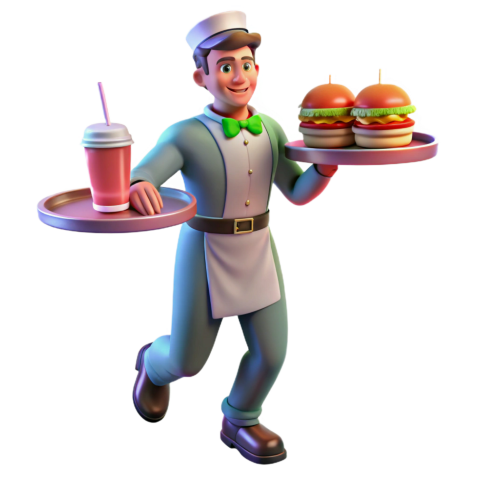 stunning modern Fast Food Server Carrying Burgers and Soda 4K png