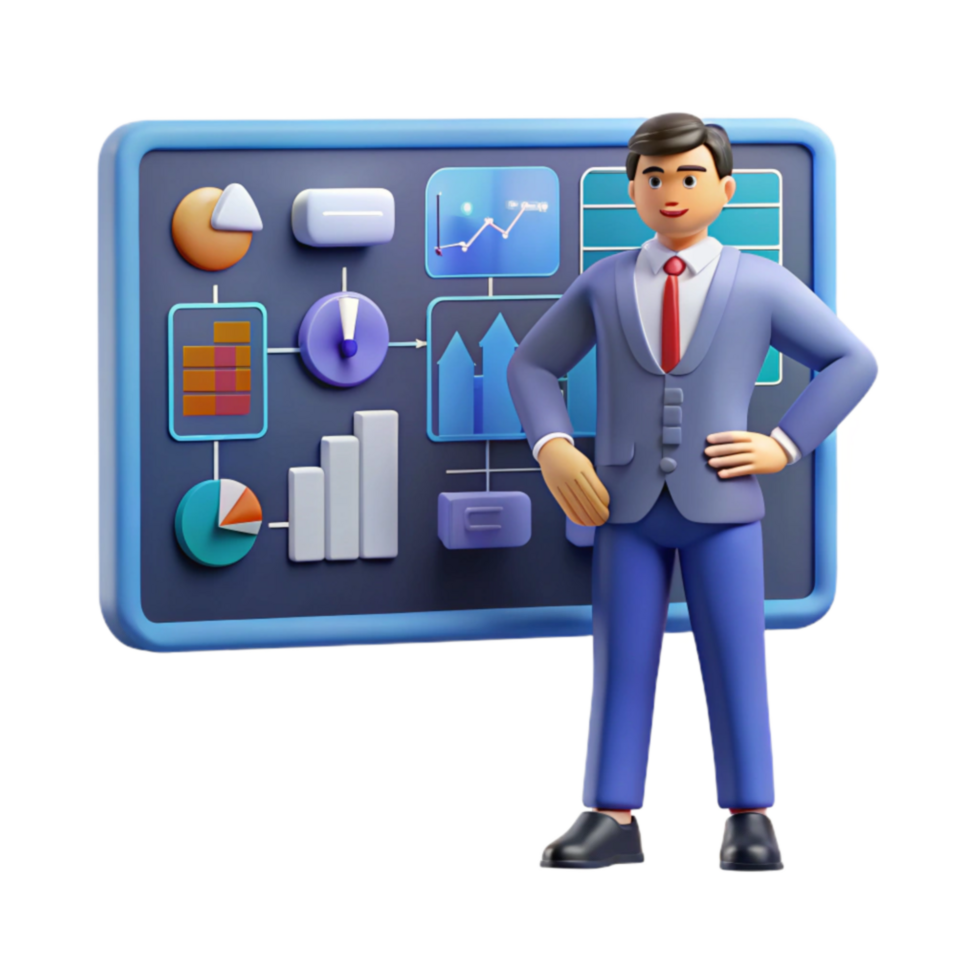 Businessman Confidently Presenting Data Dashboard png