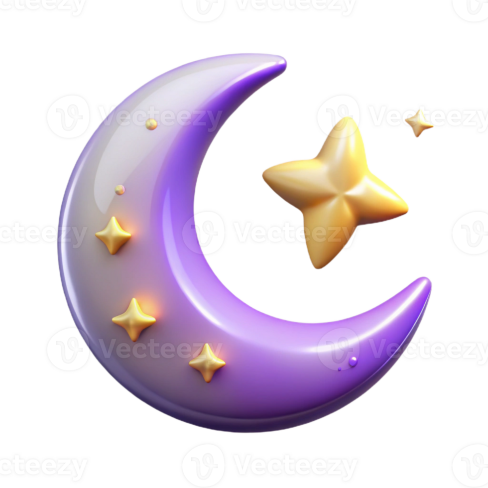 elegant vintage 3D Render Purple Crescent Moon and Stars genuine png