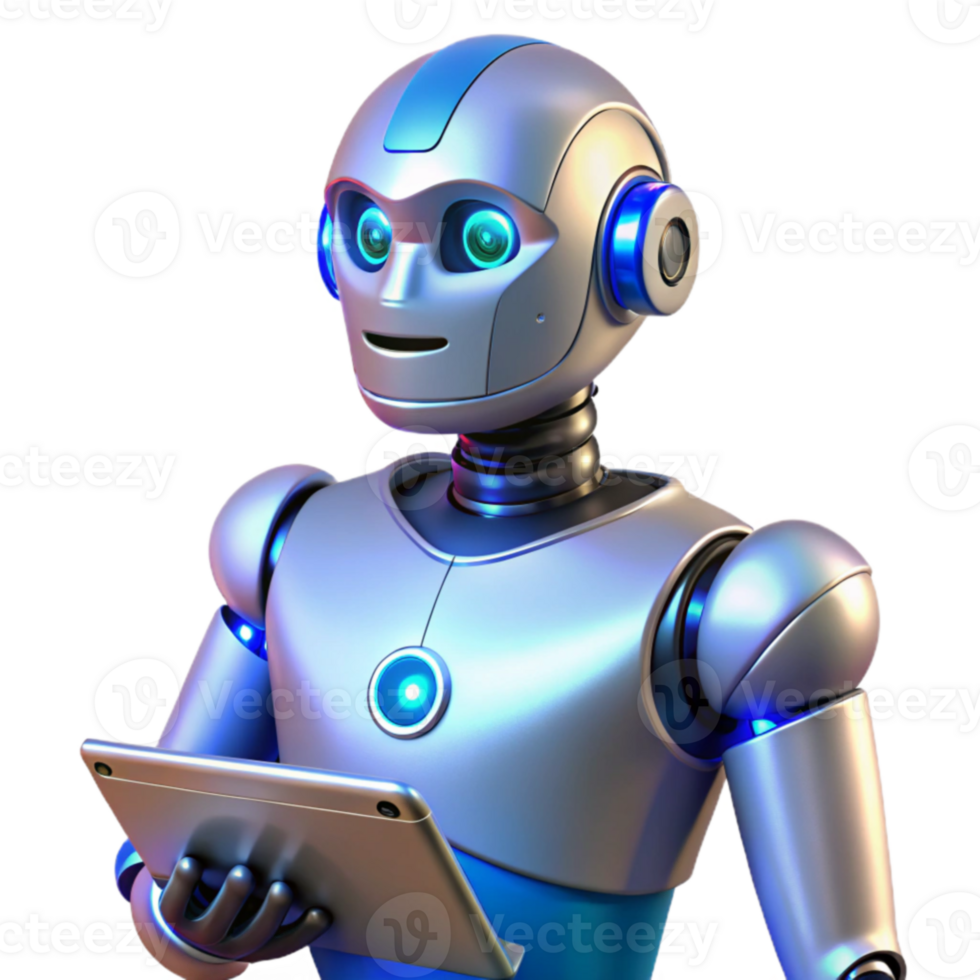 beautiful artistic Friendly Robot 3D Render Holding Tablet exclusive png