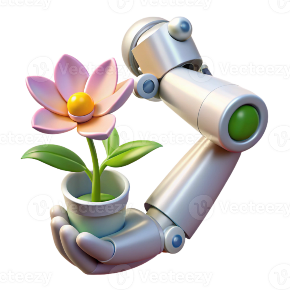 serene abstract Robot Holding Flower Pot 3D Render high resolution png