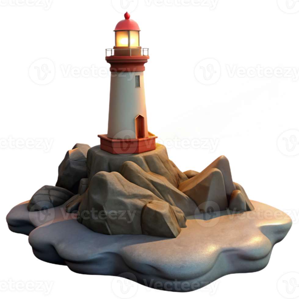 extraordinary traditional Lighthouse 3D Model on Rocks detailed png