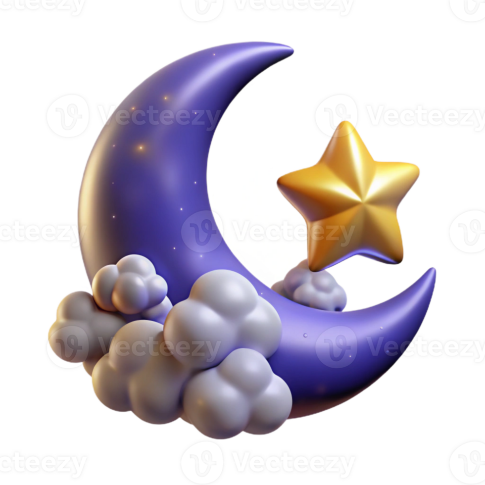 stunning creative 3D Render Crescent Moon Star Clouds Night Sky premium png