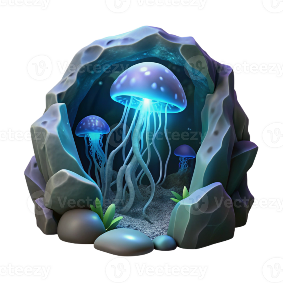 beautiful classic Glowing Jellyfish in Cave 3D Render premium png