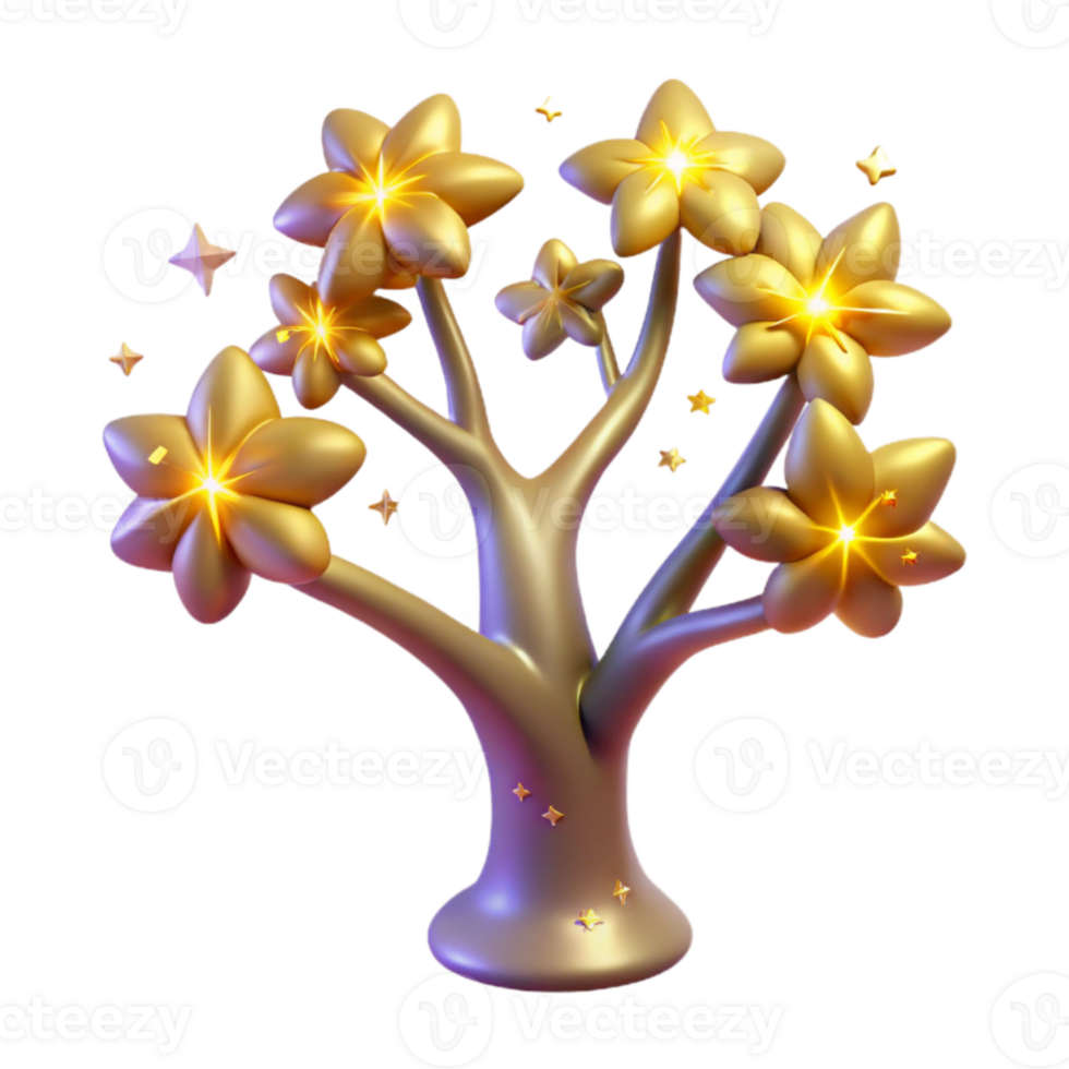 elegant modern Golden 3D Tree Illustration with Glowing Flowers high quality png