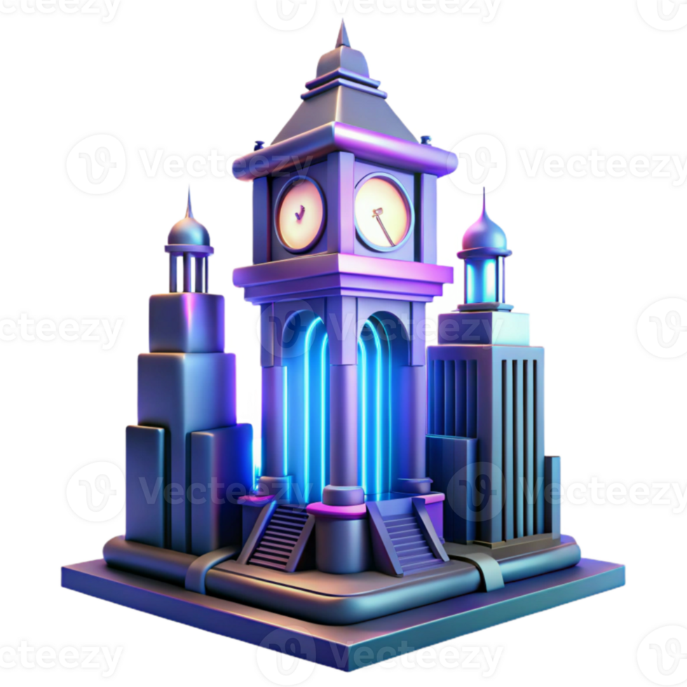 serene modern Neon City Clock Tower 3D Render original png