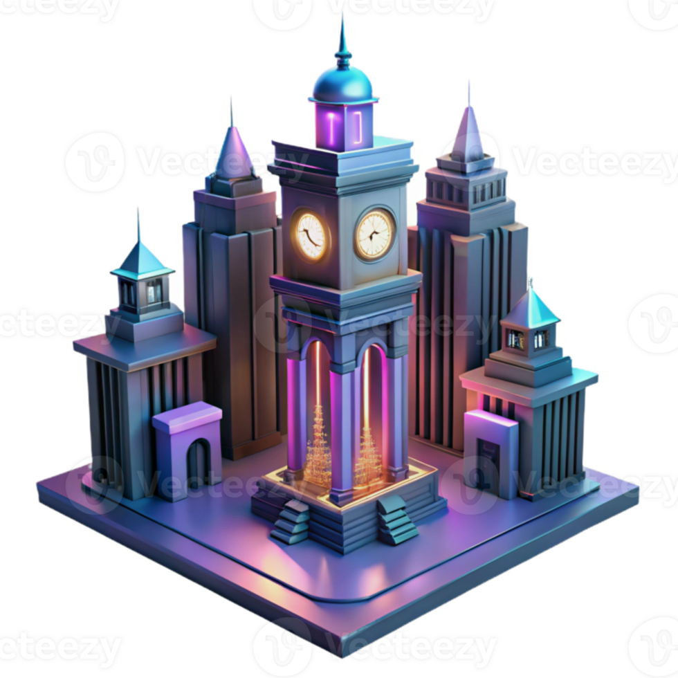 serene contemporary Neon City Clock Tower 3D Render premium png