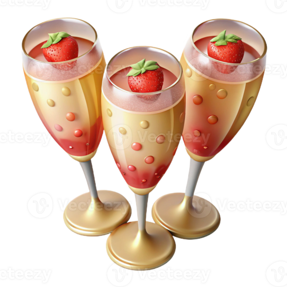 beautiful modern Three Champagne Flutes Strawberry Cocktail 3D Illustration high quality png
