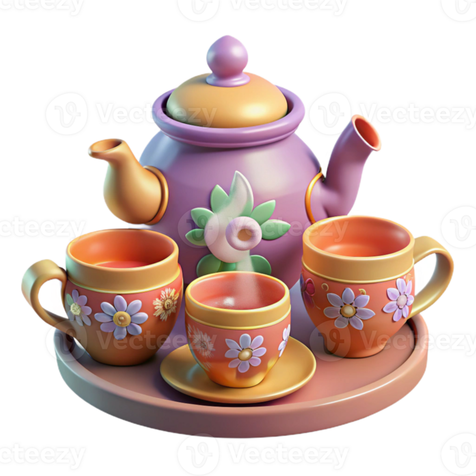 magnificent rustic Floral Teapot and Cups 3D Render 4K png