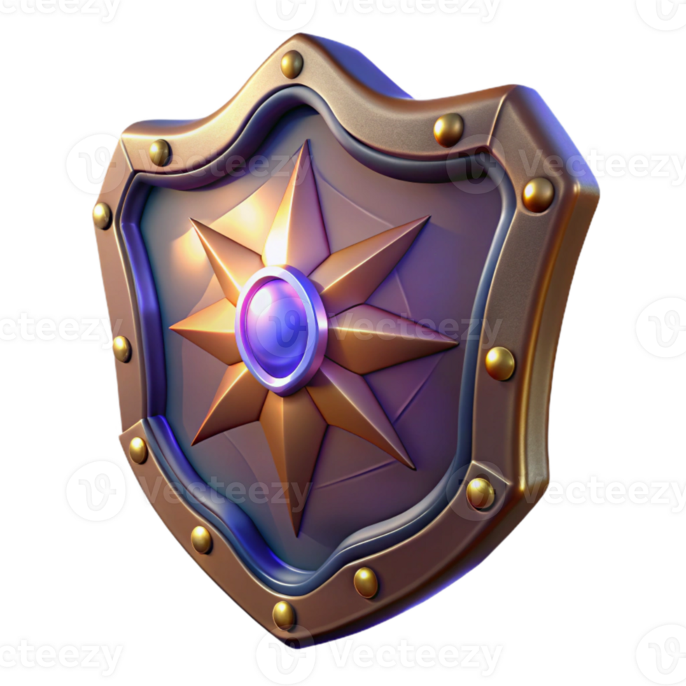 dramatic rustic 3D Render Golden Shield with Starburst high quality png