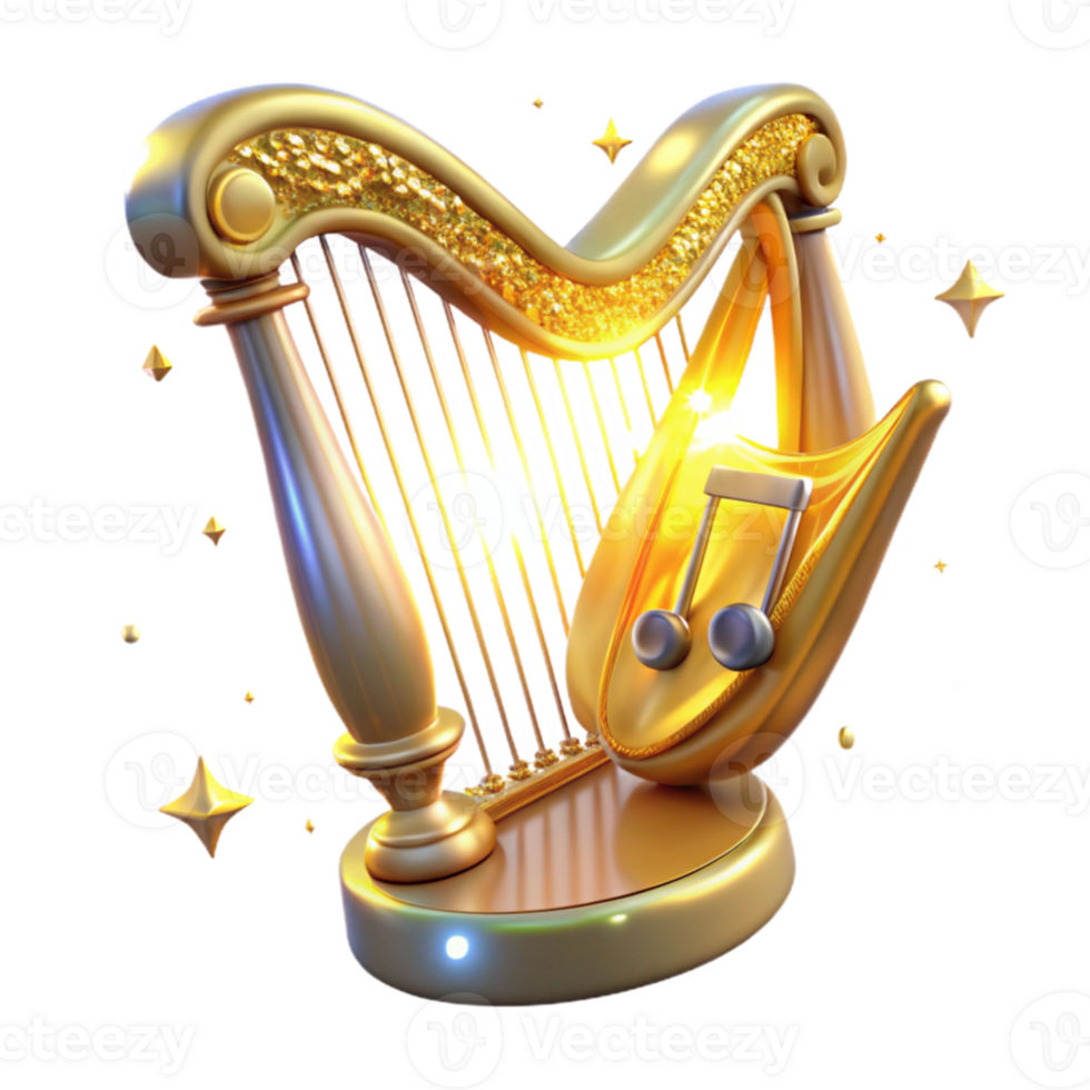 impressive classic Golden Harp 3D Render Sparkling Music premium png