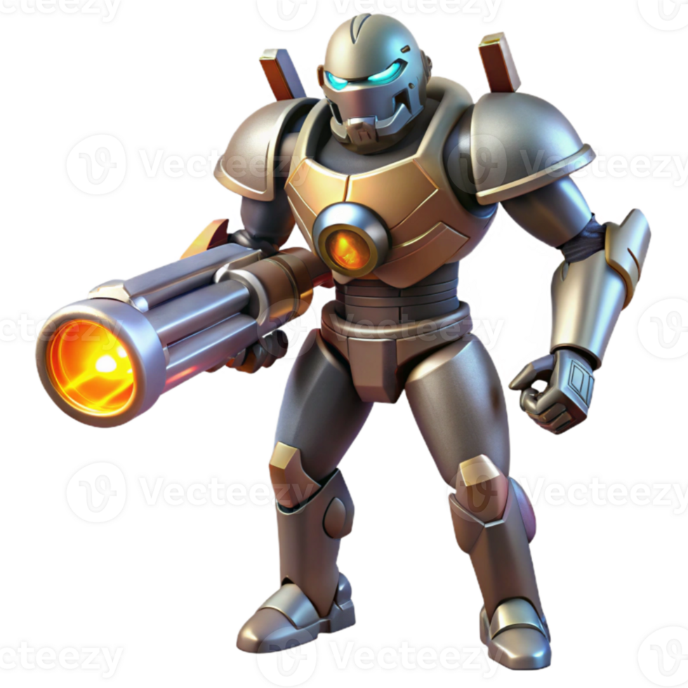 serene contemporary 3D Render of Armored Robot with Weapon premium png