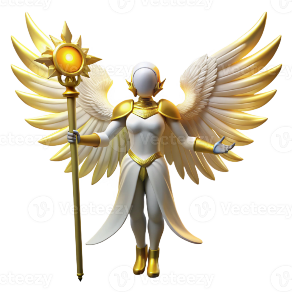 stunning classic Angelic 3D Render, Celestial Wings, Golden Staff authentic png