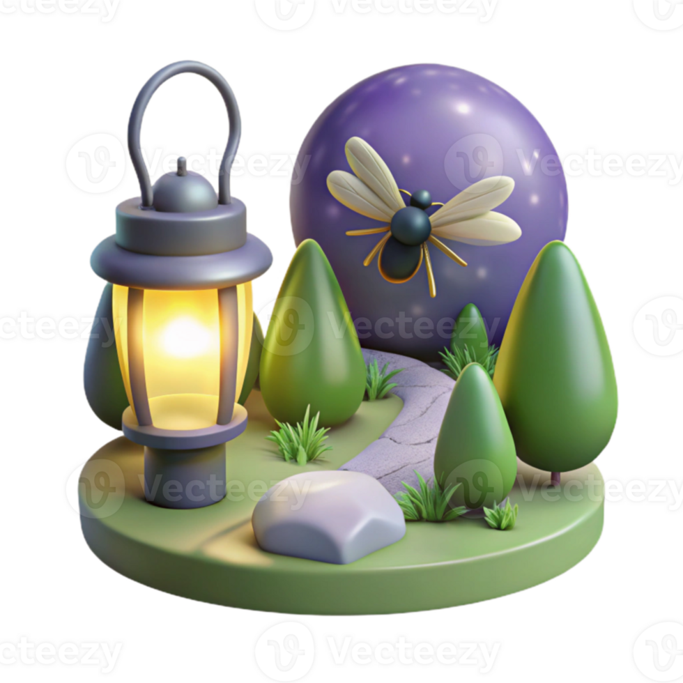 extraordinary rustic 3D Night Lantern, Firefly, and Pathway Illustration professional png