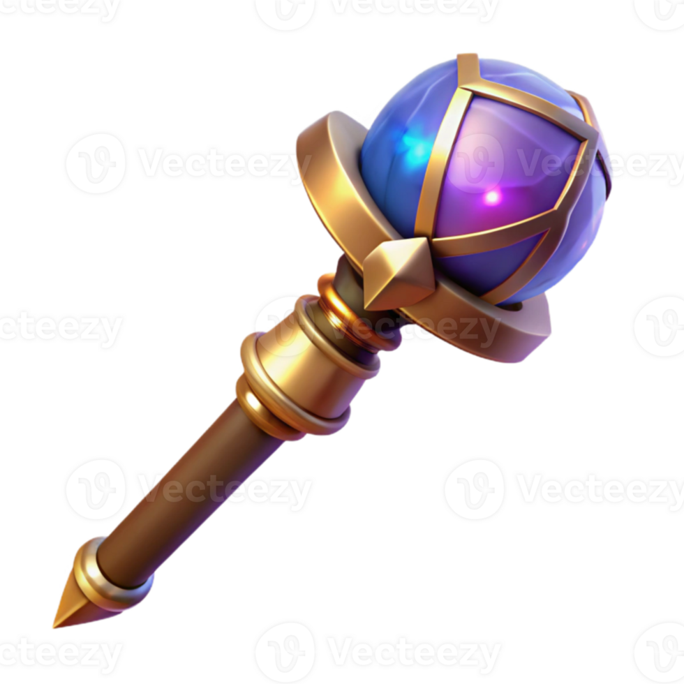 elegant traditional 3D Render Golden Scepter with Purple Crystal Orb exclusive png