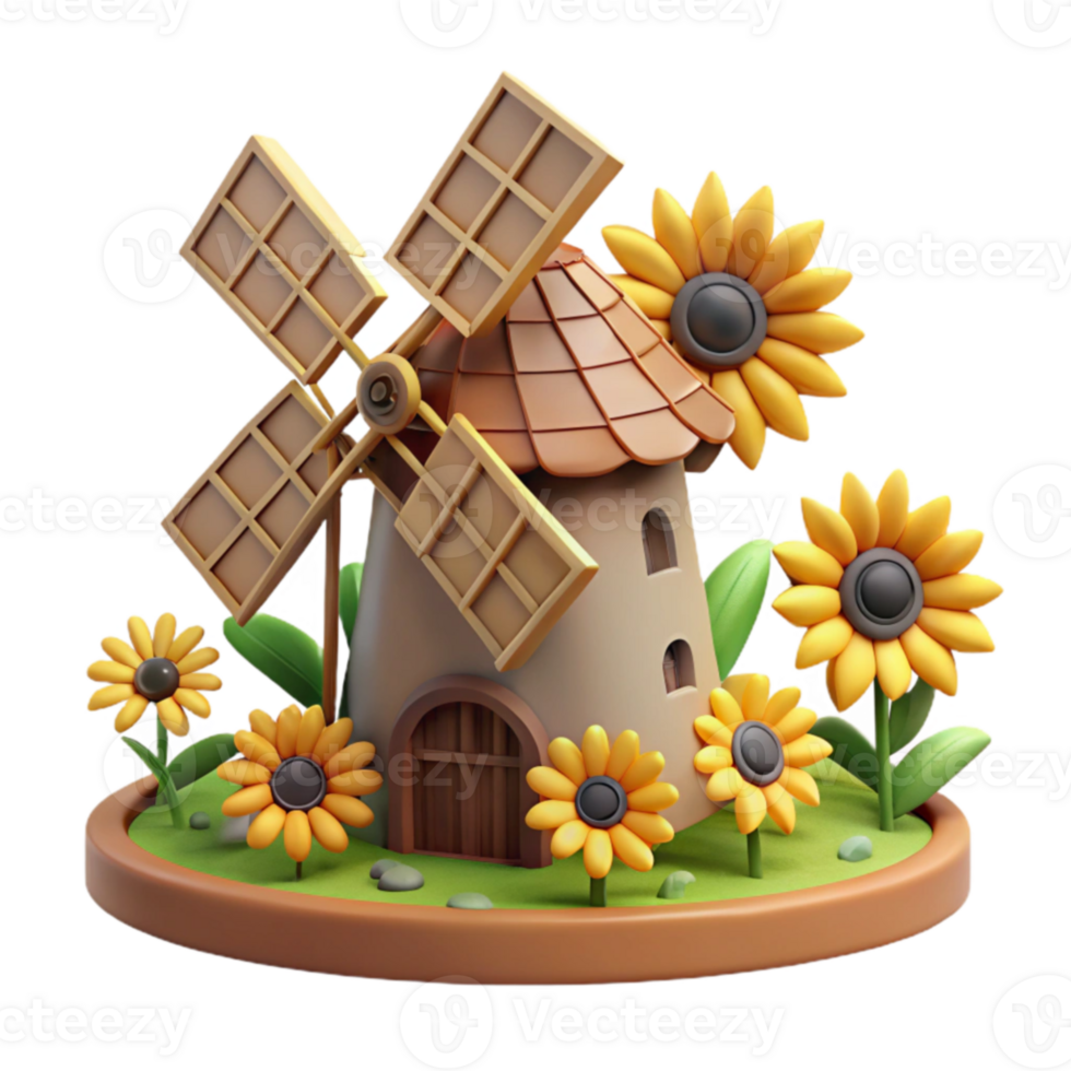 stunning classic 3D Render Windmill with Sunflowers high resolution png