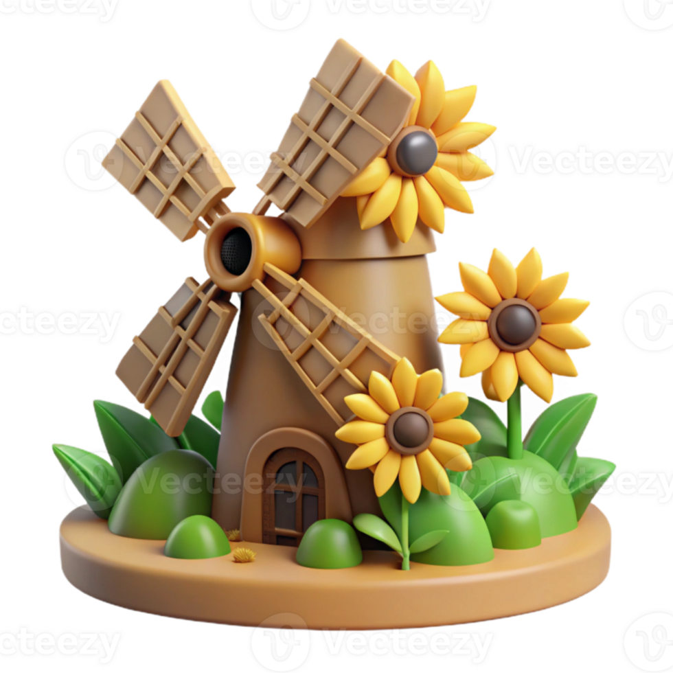 beautiful classic Charming 3D Windmill Illustration with Sunflowers original png