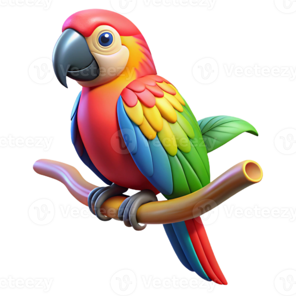 serene contemporary 3D Cartoon Macaw Parrot on Branch Illustration high resolution png