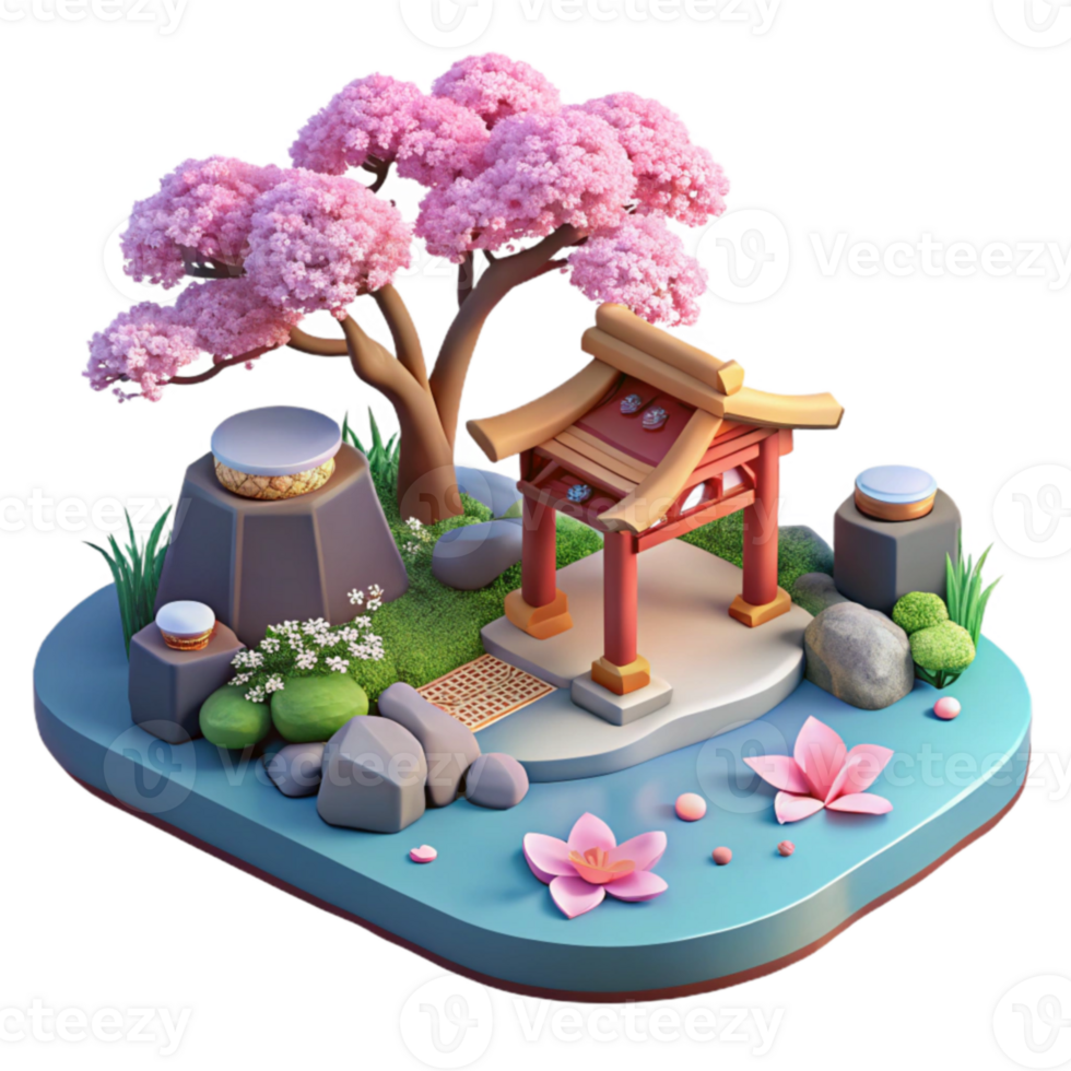 extraordinary modern 3D Render of Tranquil Zen Garden with Cherry Blossoms high quality png