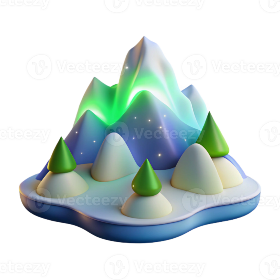 wonderful modern 3D Winter Mountain Illustration, Snowy Peaks, Glowing Aurora genuine png