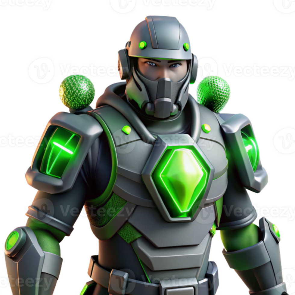 serene minimalist Green and Grey Futuristic Armor 3D Render high resolution png